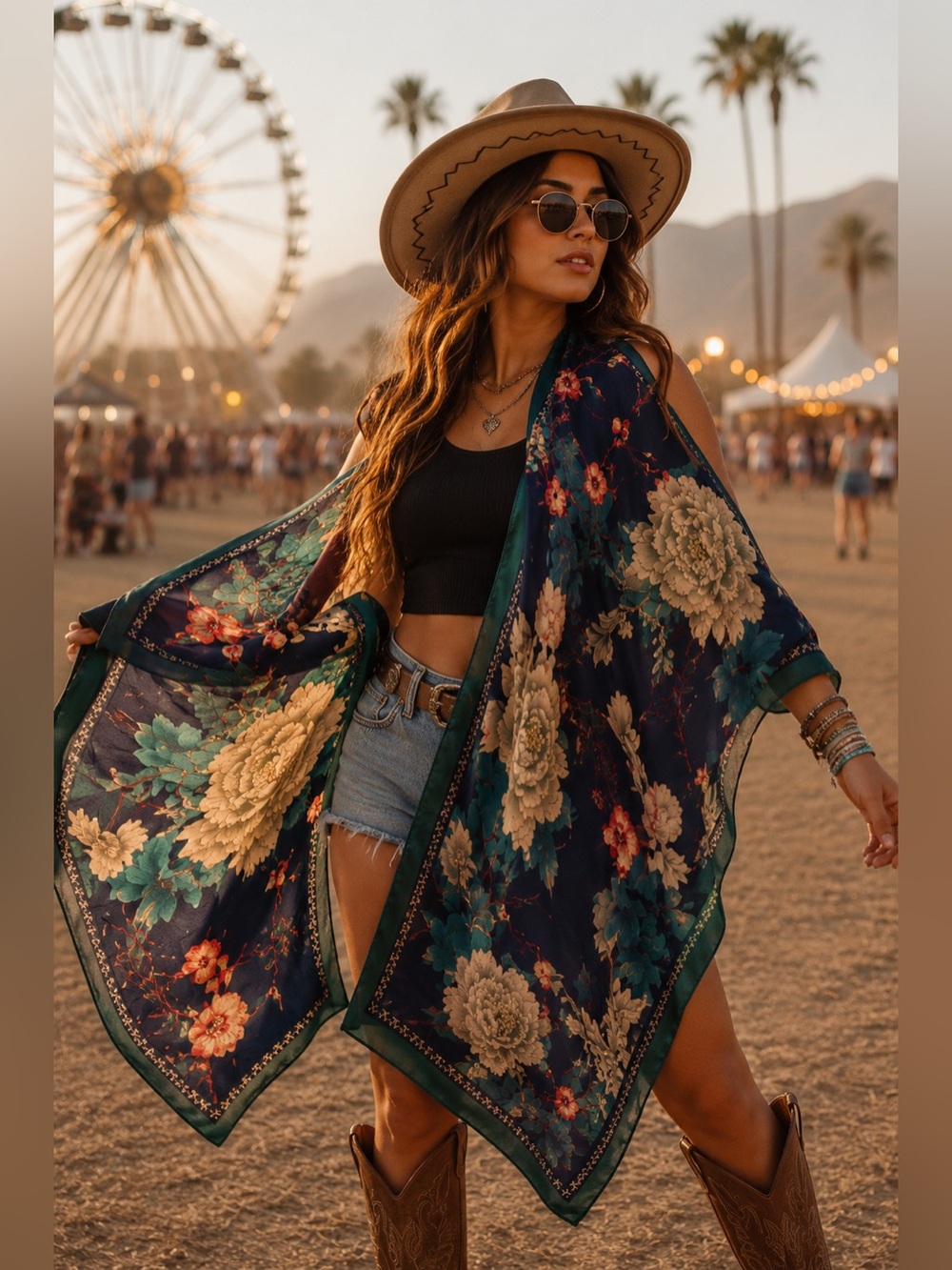 Floral Satin Scarf Wrap Shawl Peony Print BoHo Luxe Festival Silk Long Scarf OS